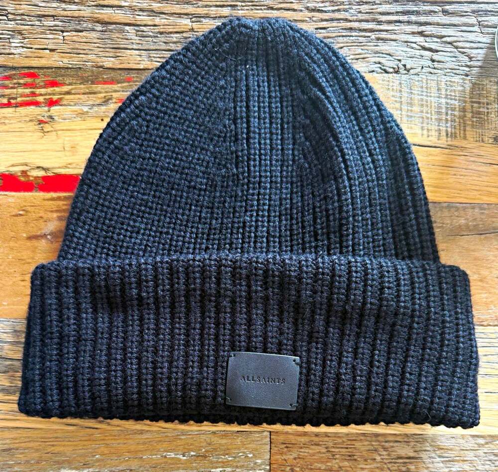 ALLSAINTS Half Cardigan Black Solid Knit Beanie Hat One Size Men's Wool Blend